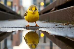 une petit Jaune oiseau permanent sur une trottoir avec ses réflexion dans une flaque génératif ai photo