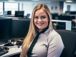 une souriant blond femme séance à une bureau dans de face de deux ordinateur moniteurs génératif ai photo