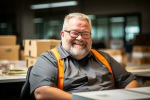 une souriant homme dans un Orange gilet séance à une bureau génératif ai photo