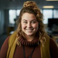 une souriant femme dans un Bureau portant une marron chandail génératif ai photo