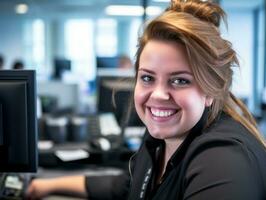 une souriant femme séance à une bureau dans un Bureau génératif ai photo