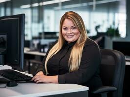 une souriant femme séance à une bureau dans de face de une ordinateur génératif ai photo