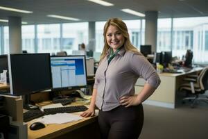 une souriant femme permanent dans de face de une bureau dans un Bureau génératif ai photo