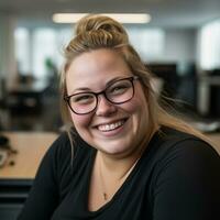 une souriant femme avec des lunettes dans un Bureau génératif ai photo