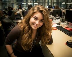 une souriant Jeune femme séance à une bureau dans un Bureau génératif ai photo