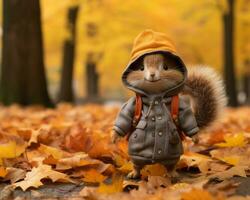 une écureuil portant une veste et chapeau dans le tomber feuilles génératif ai photo