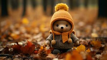 une nounours ours portant un Orange chapeau et écharpe dans le milieu de l'automne feuilles génératif ai photo