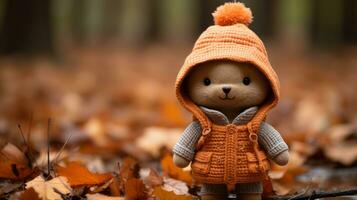 une nounours ours portant un Orange chandail et chapeau dans le les bois génératif ai photo