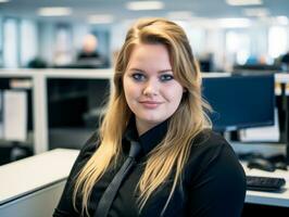 une femme dans une noir chemise et attacher séance à un Bureau bureau génératif ai photo