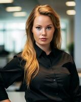 une femme dans une noir chemise permanent dans un Bureau génératif ai photo