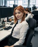 une femme dans une affaires chemise et attacher séance à une bureau génératif ai photo