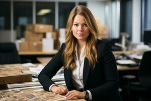 une femme dans une affaires costume séance à une bureau dans un Bureau génératif ai photo