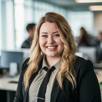 une femme dans une affaires costume souriant dans un Bureau génératif ai photo