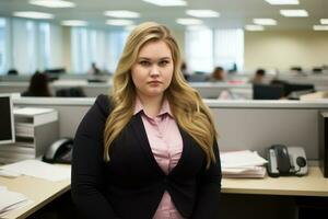 une femme dans une affaires costume permanent dans un Bureau génératif ai photo