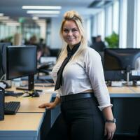 une femme dans une affaires costume permanent dans de face de une bureau génératif ai photo