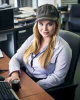 une femme dans une chapeau séance à une bureau avec une ordinateur génératif ai photo