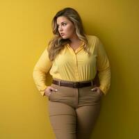 une femme dans une Jaune chemise et bronzer un pantalon permanent contre une Jaune Contexte génératif ai photo