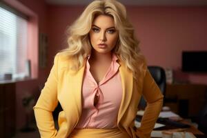 une femme dans une Jaune costume posant dans un Bureau génératif ai photo