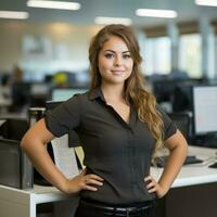 une femme dans un Bureau posant pour le caméra génératif ai photo