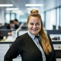 une femme dans un Bureau posant pour le caméra génératif ai photo