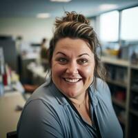 une femme dans un Bureau souriant à le caméra génératif ai photo