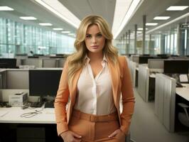 une femme dans un Orange costume permanent dans un Bureau génératif ai photo