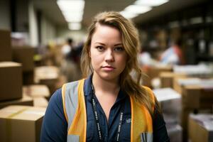 une femme dans un Orange gilet permanent dans une entrepôt génératif ai photo