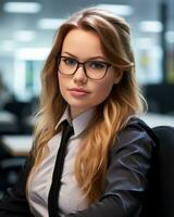 une femme dans des lunettes séance à une bureau dans un Bureau génératif ai photo