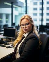 une femme dans des lunettes séance à une bureau dans un Bureau génératif ai photo