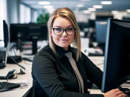 une femme dans des lunettes séance à une bureau dans de face de une ordinateur génératif ai photo