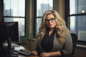 une femme dans des lunettes séance à une bureau dans de face de une ordinateur génératif ai photo