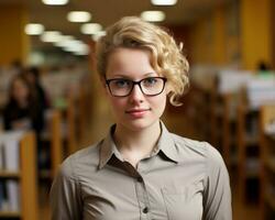 une femme dans des lunettes permanent dans une bibliothèque génératif ai photo