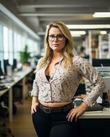 une femme dans des lunettes permanent dans un Bureau génératif ai photo