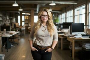 une femme dans des lunettes permanent dans un Bureau génératif ai photo