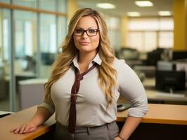 une femme dans des lunettes permanent dans de face de un Bureau bureau génératif ai photo