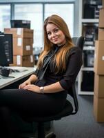 une femme séance à une bureau dans un Bureau génératif ai photo