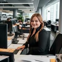 une femme séance à une bureau dans un Bureau génératif ai photo