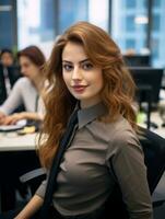 une femme séance à une bureau dans un Bureau génératif ai photo