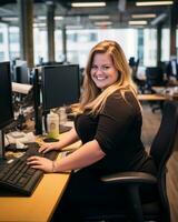 une femme séance à une bureau dans de face de une ordinateur génératif ai photo