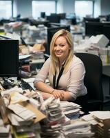 une femme séance à une bureau entouré par piles de formalités administratives génératif ai photo