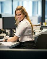 une femme séance à une bureau génératif ai photo