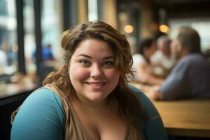 une femme séance à une table souriant à le caméra génératif ai photo