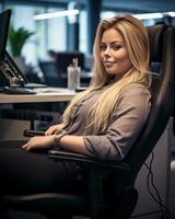 une femme séance dans un Bureau chaise génératif ai photo