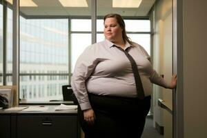 une femme permanent dans un Bureau génératif ai photo