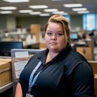 une femme portant une noir chemise dans un Bureau génératif ai photo