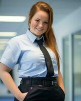 une femme portant une bleu chemise génératif ai photo