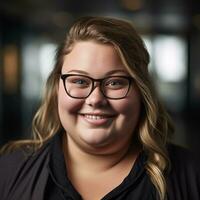 une femme portant des lunettes et une noir chemise souriant génératif ai photo