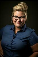 une femme portant des lunettes et une bleu chemise génératif ai photo