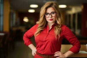 une femme portant des lunettes et une rouge chemise posant pour le caméra génératif ai photo