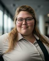 une femme portant des lunettes et une chemise posant pour le caméra génératif ai photo